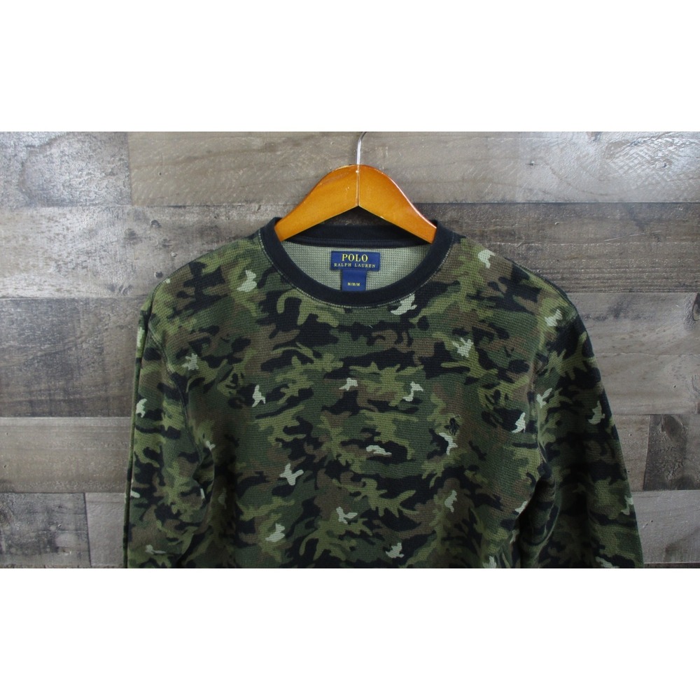 Polo Ralph Lauren Sweater Mens M Green Camo Waffle Thermal Pullover Logo